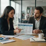 Deux professionnels en réunion, documents comparatifs et ambiance bureau moderne, illustrant le choix entre portage salarial et portage entrepreneurial.