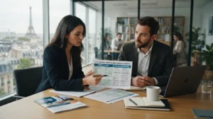 Deux professionnels en réunion, documents comparatifs et ambiance bureau moderne, illustrant le choix entre portage salarial et portage entrepreneurial.