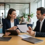 Entrepreneur indépendant accompagné par une structure professionnelle, échangeant des documents avec un conseiller, ambiance de bureau moderne, confiance, autonomie et sécurité financière