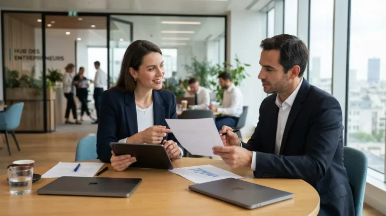 Entrepreneur indépendant accompagné par une structure professionnelle, échangeant des documents avec un conseiller, ambiance de bureau moderne, confiance, autonomie et sécurité financière