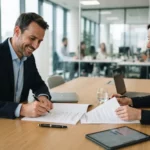 Consultant indépendant signant un contrat avec une entreprise, ambiance professionnelle, bureau moderne, expression confiante, symbolisant l’équilibre entre autonomie et sécurité salariale