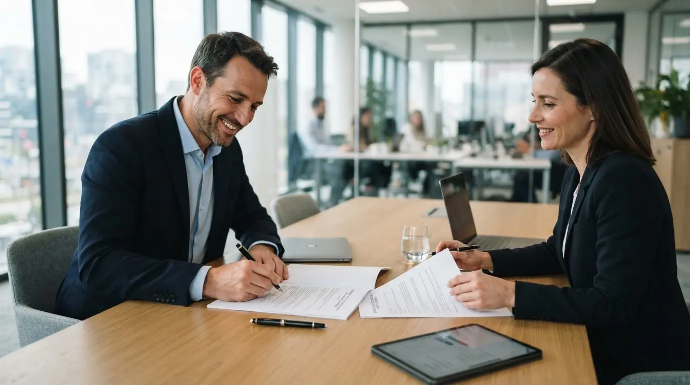 Consultant indépendant signant un contrat avec une entreprise, ambiance professionnelle, bureau moderne, expression confiante, symbolisant l’équilibre entre autonomie et sécurité salariale