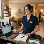 Esthéticienne souriante dans un institut lumineux, entourée de produits de beauté, ordinateur et carnets de gestion, ambiance professionnelle et dynamique.