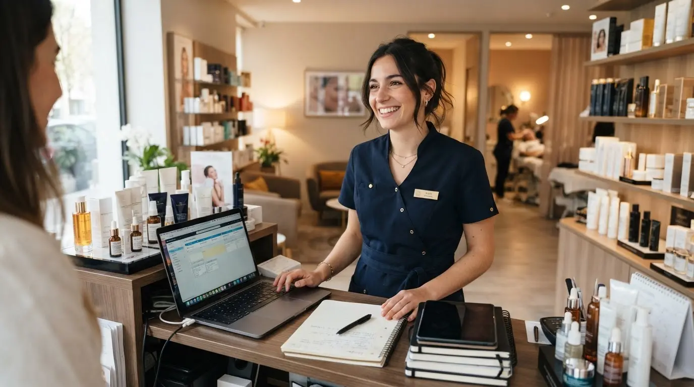 Esthéticienne souriante dans un institut lumineux, entourée de produits de beauté, ordinateur et carnets de gestion, ambiance professionnelle et dynamique.