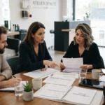 Groupe de professionnels de la beauté en discussion autour de documents administratifs dans un salon moderne, ambiance sérieuse et professionnelle.