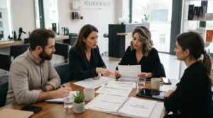 Groupe de professionnels de la beauté en discussion autour de documents administratifs dans un salon moderne, ambiance sérieuse et professionnelle.
