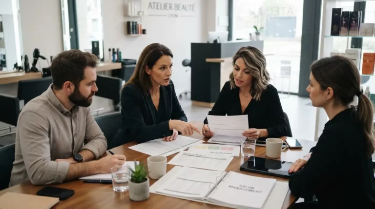 Groupe de professionnels de la beauté en discussion autour de documents administratifs dans un salon moderne, ambiance sérieuse et professionnelle.