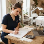 Esthéticienne indépendante calculant ses dépenses dans un salon lumineux, avec produits de beauté, carnet de comptes et ambiance professionnelle.