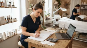Esthéticienne indépendante calculant ses dépenses dans un salon lumineux, avec produits de beauté, carnet de comptes et ambiance professionnelle.