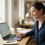Professionnel souriant rédigant une facture sur ordinateur dans un bureau lumineux, ambiance sereine, documents organisés, style réaliste et professionnel