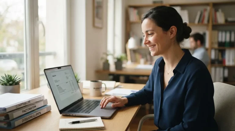 Professionnel souriant rédigant une facture sur ordinateur dans un bureau lumineux, ambiance sereine, documents organisés, style réaliste et professionnel