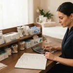 Esthéticienne professionnelle comptant ses consommables à usage unique avec calculatrice et carnet de budget, ambiance d’institut élégante, image réaliste et rassurante.
