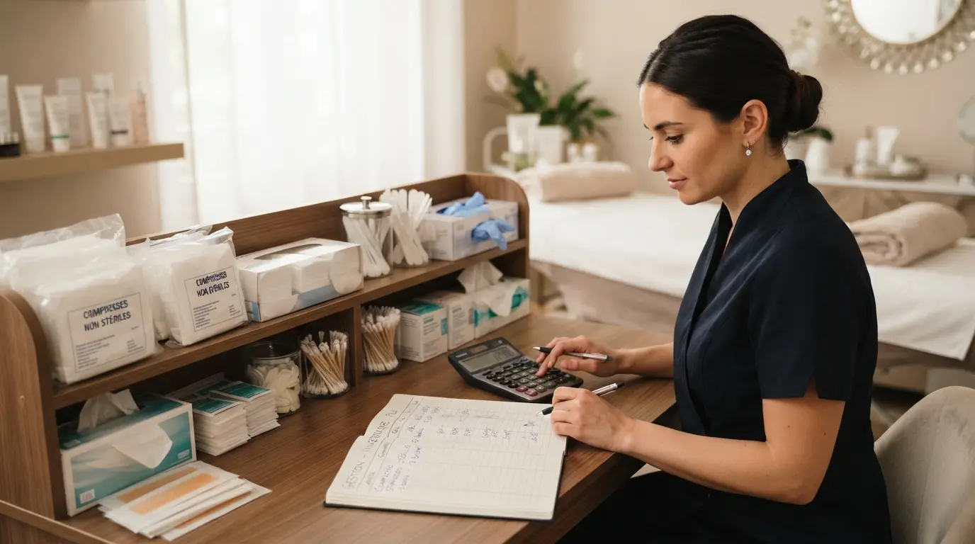 Esthéticienne professionnelle comptant ses consommables à usage unique avec calculatrice et carnet de budget, ambiance d’institut élégante, image réaliste et rassurante.