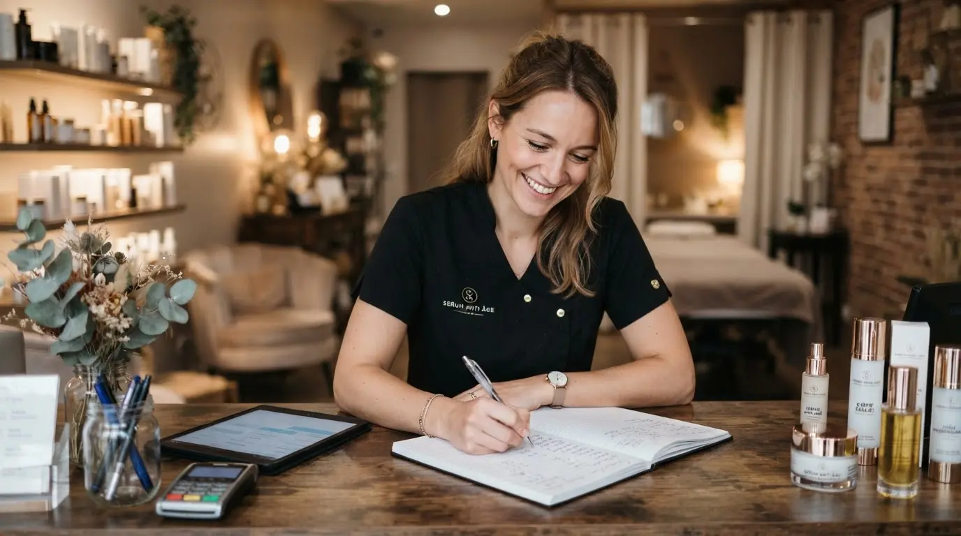 Esthéticienne souriante dans un salon élégant, calculant ses tarifs sur un carnet, avec produits de beauté et ambiance professionnelle.