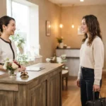 Esthéticienne souriante accueillant une nouvelle cliente dans un salon lumineux, ambiance professionnelle, élégante et chaleureuse, avec outils de beauté soignés.