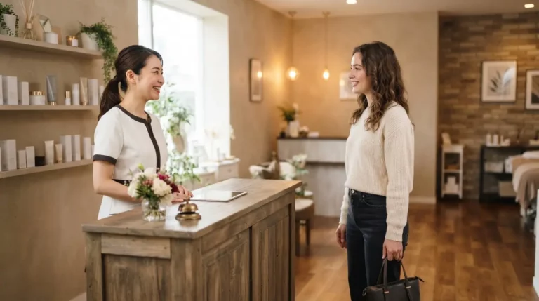Esthéticienne souriante accueillant une nouvelle cliente dans un salon lumineux, ambiance professionnelle, élégante et chaleureuse, avec outils de beauté soignés.