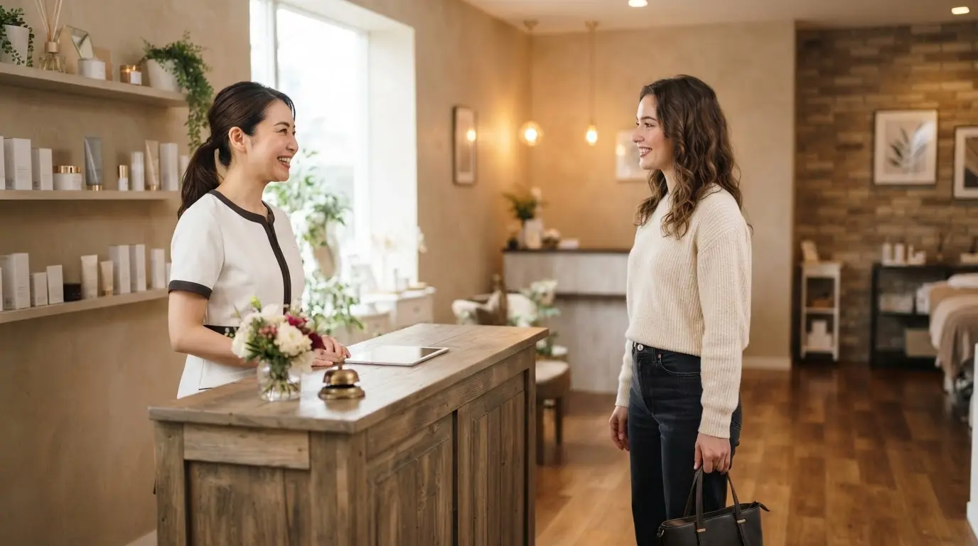 Esthéticienne souriante accueillant une nouvelle cliente dans un salon lumineux, ambiance professionnelle, élégante et chaleureuse, avec outils de beauté soignés.