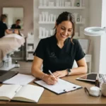 Esthéticienne souriante travaillant dans un salon moderne, entourée de documents administratifs et d’outils de beauté, ambiance professionnelle, réaliste et lumineuse.