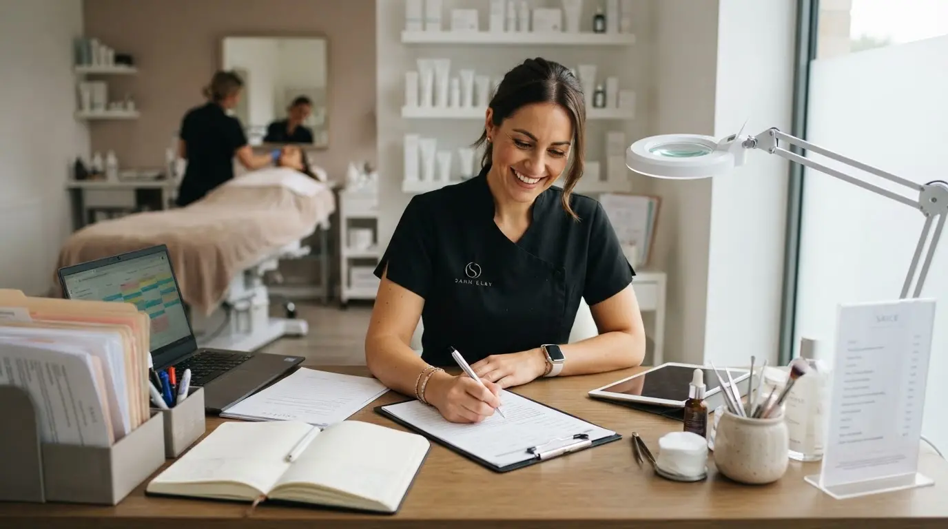 Esthéticienne souriante travaillant dans un salon moderne, entourée de documents administratifs et d’outils de beauté, ambiance professionnelle, réaliste et lumineuse.