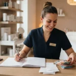 Esthéticienne indépendante souriante dans un institut moderne, comptant ses revenus avec des factures et un carnet de gestion, ambiance professionnelle.