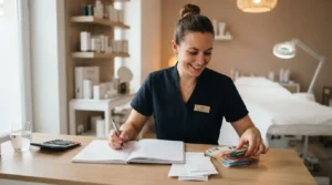 Esthéticienne indépendante souriante dans un institut moderne, comptant ses revenus avec des factures et un carnet de gestion, ambiance professionnelle.