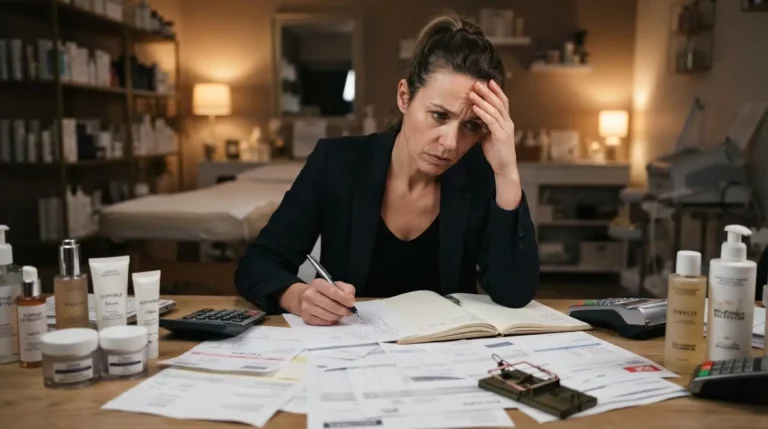 Propriétaire d’institut de beauté préoccupée devant factures et produits cosmétiques, ambiance professionnelle, symbole discret d’un piège financier, style réaliste.