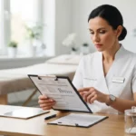 Esthéticienne professionnelle dans un institut lumineux, tenant des documents réglementaires, ambiance sérieuse et soignée, outils de beauté propres, image réaliste.