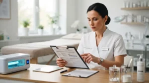 Esthéticienne professionnelle dans un institut lumineux, tenant des documents réglementaires, ambiance sérieuse et soignée, outils de beauté propres, image réaliste.