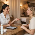 Esthéticienne souriante conseillant une cliente dans un institut de beauté élégant, ambiance chaleureuse, relation de confiance, image réaliste et professionnelle.