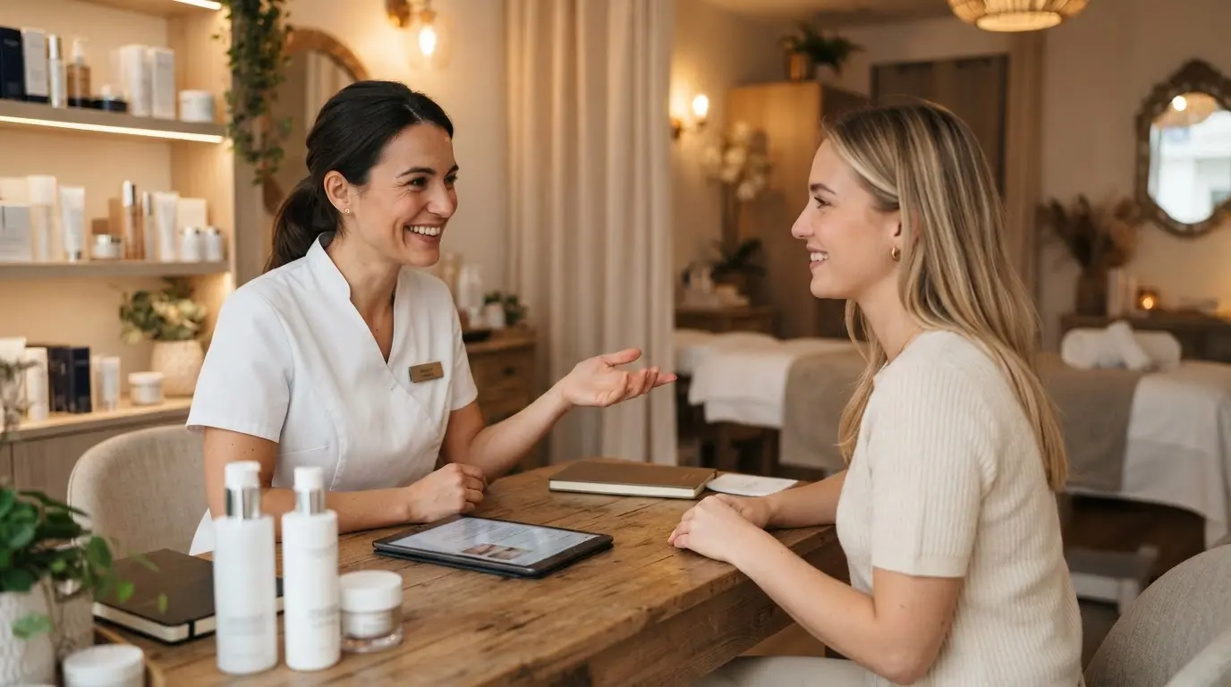 Esthéticienne souriante conseillant une cliente dans un institut de beauté élégant, ambiance chaleureuse, relation de confiance, image réaliste et professionnelle.