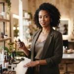 Jeune femme confiante dans un studio élégant, entourée de produits de beauté, expression déterminée, ambiance professionnelle, illustrant l’indépendance et la transformation.