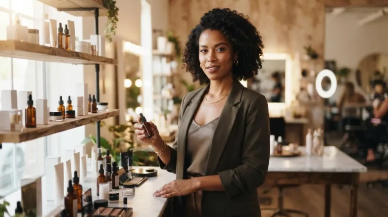 Jeune femme confiante dans un studio élégant, entourée de produits de beauté, expression déterminée, ambiance professionnelle, illustrant l’indépendance et la transformation.