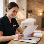 Esthéticienne souriante dans un institut moderne, consultant un document d’assurance, ambiance professionnelle, lumière douce, image réaliste et rassurante.