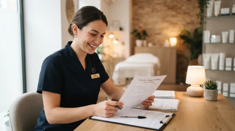 Esthéticienne souriante dans un institut moderne, consultant un document d’assurance, ambiance professionnelle, lumière douce, image réaliste et rassurante.