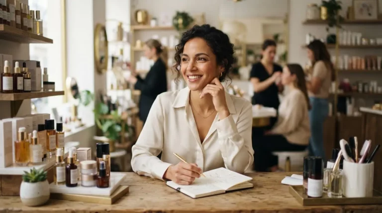 Portrait réaliste d'une entrepreneuse en beauté dans un salon élégant, souriante mais réfléchie, entourée de produits, évoquant succès et défis.
