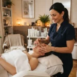 Esthéticienne professionnelle partageant son activité entre un intérieur cosy à domicile et un cabinet élégant, ambiance réaliste, lumineuse et rassurante.