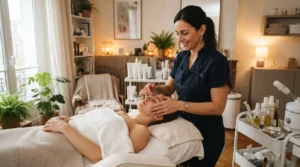 Esthéticienne professionnelle partageant son activité entre un intérieur cosy à domicile et un cabinet élégant, ambiance réaliste, lumineuse et rassurante.