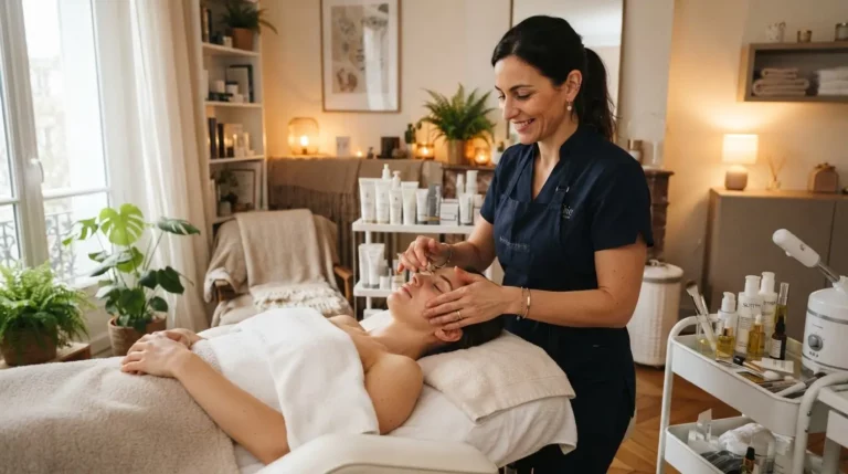Esthéticienne professionnelle partageant son activité entre un intérieur cosy à domicile et un cabinet élégant, ambiance réaliste, lumineuse et rassurante.