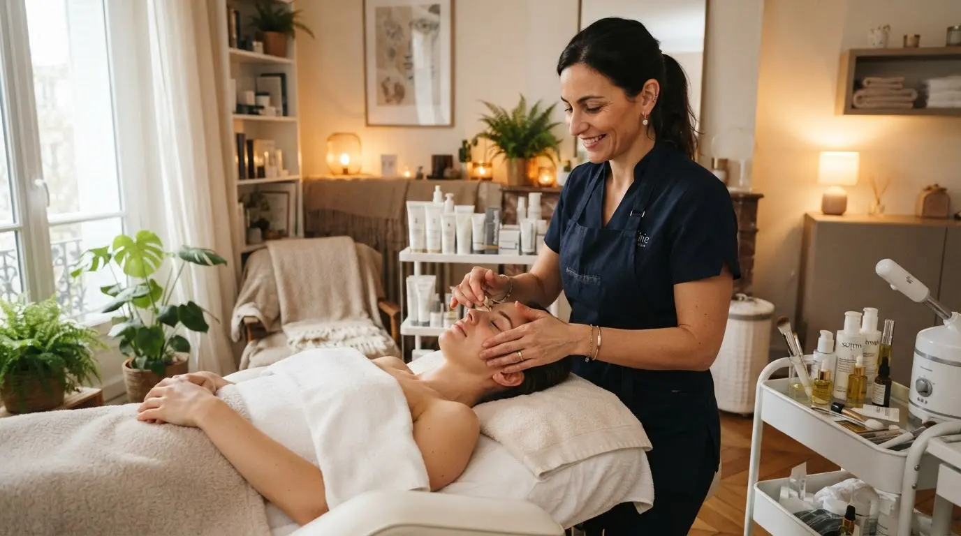 Esthéticienne professionnelle partageant son activité entre un intérieur cosy à domicile et un cabinet élégant, ambiance réaliste, lumineuse et rassurante.