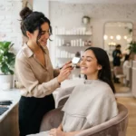 Une entrepreneuse dans un salon de beauté moderne, en pleine prestation de maquillage, ambiance professionnelle, élégante et lumineuse.