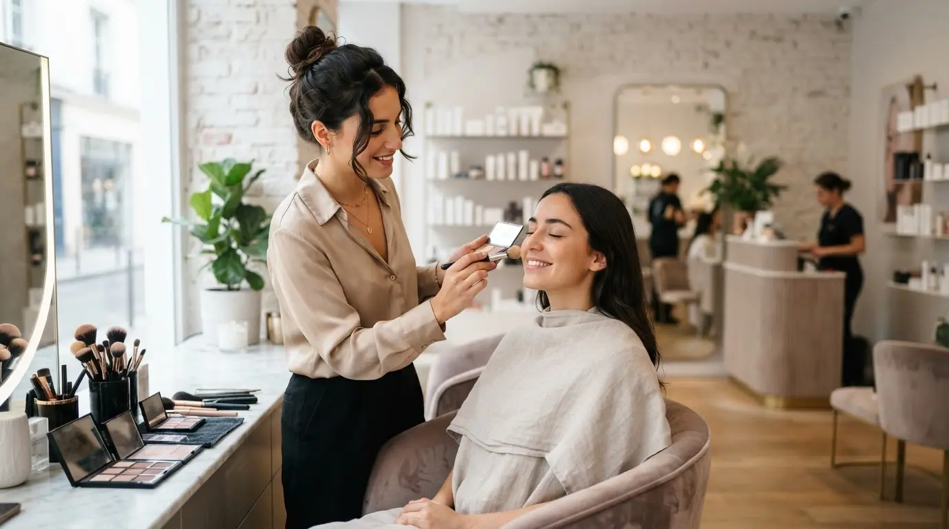 Une entrepreneuse dans un salon de beauté moderne, en pleine prestation de maquillage, ambiance professionnelle, élégante et lumineuse.