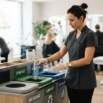 Esthéticienne indépendante triant des déchets dans un salon de beauté moderne, avec gants, poubelles séparées et ambiance professionnelle lumineuse.