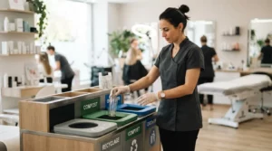 Esthéticienne indépendante triant des déchets dans un salon de beauté moderne, avec gants, poubelles séparées et ambiance professionnelle lumineuse.