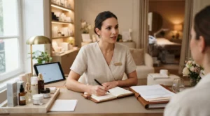 Professionnelle de la beauté dans un salon élégant, entourée de produits de soin et de documents administratifs, ambiance sérieuse et lumineuse.