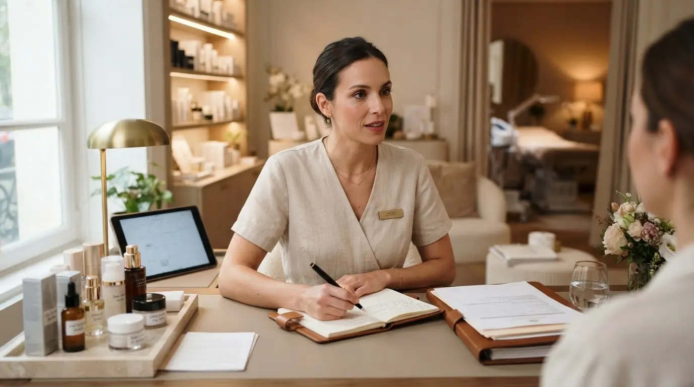 Professionnelle de la beauté dans un salon élégant, entourée de produits de soin et de documents administratifs, ambiance sérieuse et lumineuse.