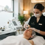 Jeune esthéticienne en formation dans un institut moderne, entourée de matériel de soin, ambiance professionnelle et lumineuse.